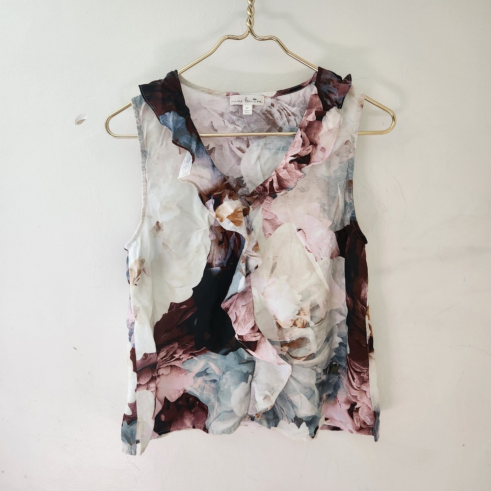 Nine Britton Floral Ruffle V-Neck Sleeveless Blouse Pink Blue SP